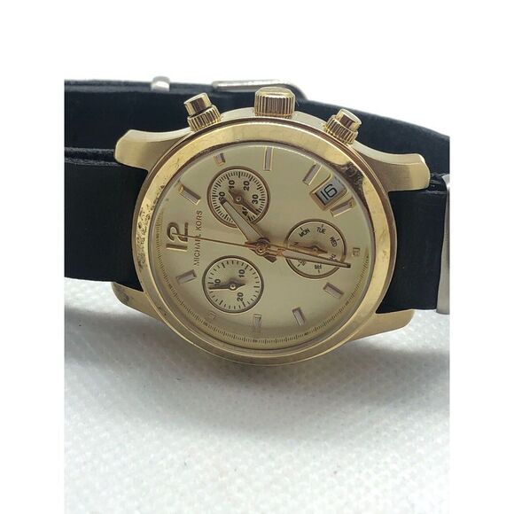 Michael Kors MK5384 Unisex Black Leather Analog Gold Dial Genuine Watch BP38 - Picture 5 of 8